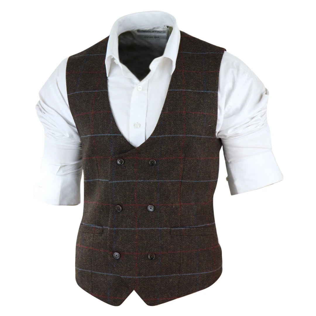 Cavani Tommy - Men's Brown Herringbone Tweed Check Waistcoat-TruClothing