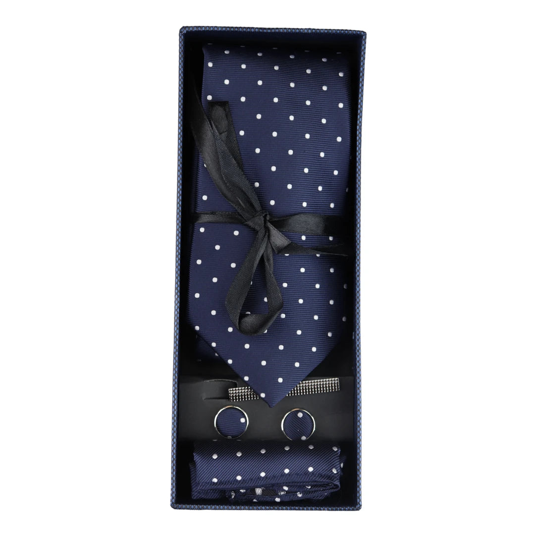 Dotted Neck Tie Gift Set Pocket Square Cuff Links Tie Pin Polka Dot Satin-TruClothing