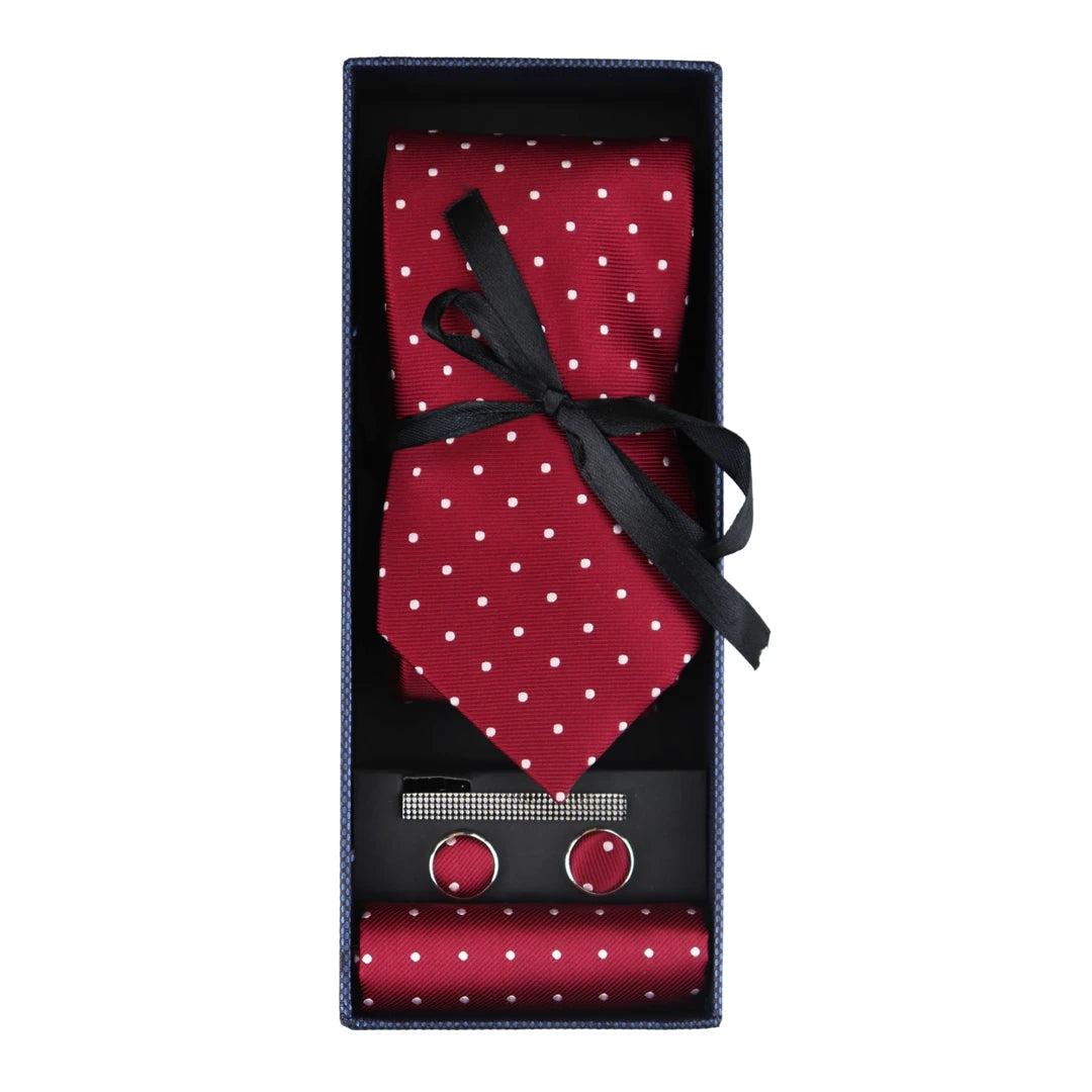 Dotted Neck Tie Gift Set Pocket Square Cuff Links Tie Pin Polka Dot Satin-TruClothing