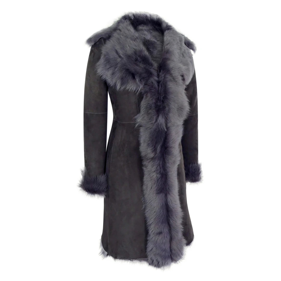 Grey 3/4 Length Ladies Suede Real Luxury Toscana Sheepskin Coat Tailored Fit-TruClothing