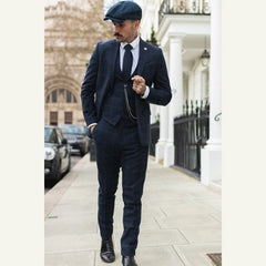 STZ72 - Men's 3 Piece Suit Wool Tweed Navy Blue Brown Check 1920s Gatsby Formal Dress Suits