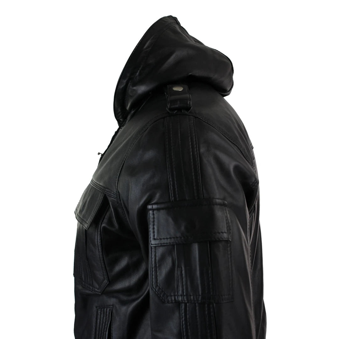 Infinity 661 Mens Real Napa LeatherJacket Hooded Black Slim Fit Bomber-TruClothing