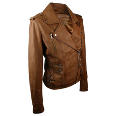 Infinity 7113 Ladies Women Leather Slim Fit Buckle Retro Tan Biker Leather Jacket-TruClothing