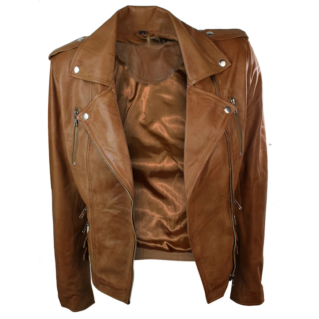Infinity 7113 Ladies Women Leather Slim Fit Buckle Retro Tan Biker Leather Jacket-TruClothing