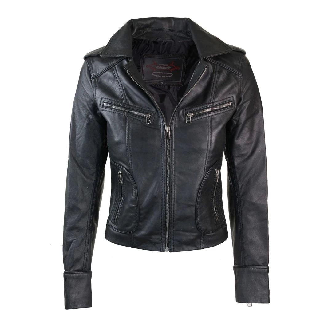 Infinity 9823 Ladies Women REAL Leather BIKER Motorbike Short Slim Fitted Jacket-TruClothing