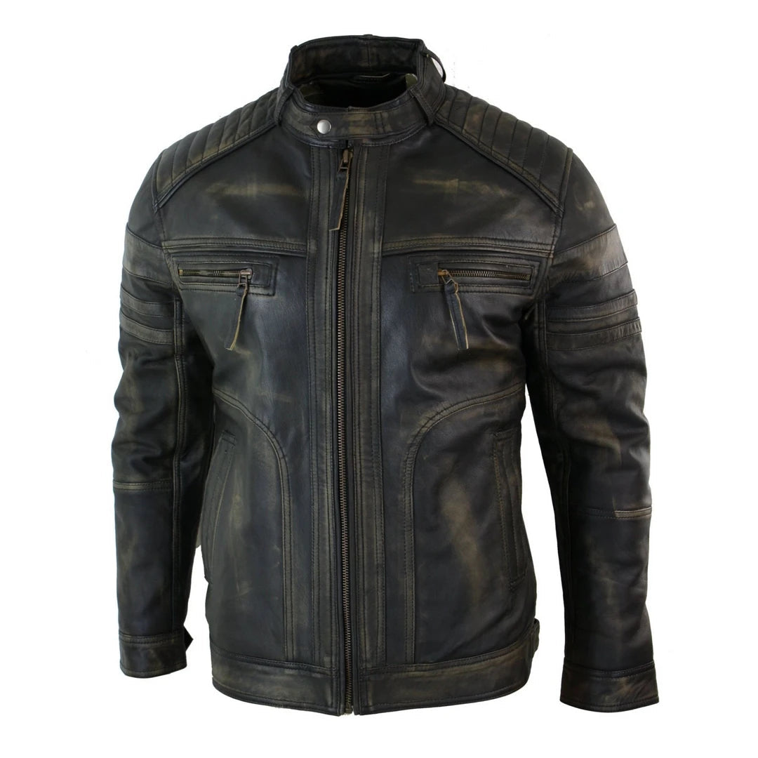 Infinity B73 Mens Black Brown Vintage Biker Real Leather Jacket Distressed Zipped Casual-TruClothing
