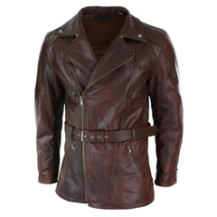 Infinity D-36 - Mens Cross Zip Belted Timber Brown 3/4 Motorcycle Biker Long Leather Jacket CE Armour-TruClothing