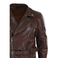 Infinity D-36 - Mens Cross Zip Belted Timber Brown 3/4 Motorcycle Biker Long Leather Jacket CE Armour-TruClothing