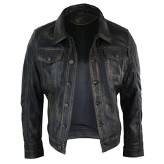 Infinity F125 Mens Vintage Retro Jeans Jacket Style Real Leather Short Washed Biker-TruClothing