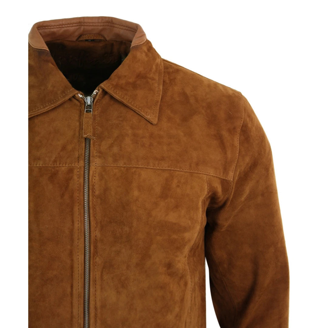 Infinity G500 Suede - Mens Real Leather Classic Zip Jacket Camel Turn Down Collar Vintage Retro-TruClothing