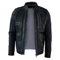 Infinity Grooper - Mens Slim Fit Retro Vintage Washed Black Biker Jacket Casual Zip Real Leather-TruClothing