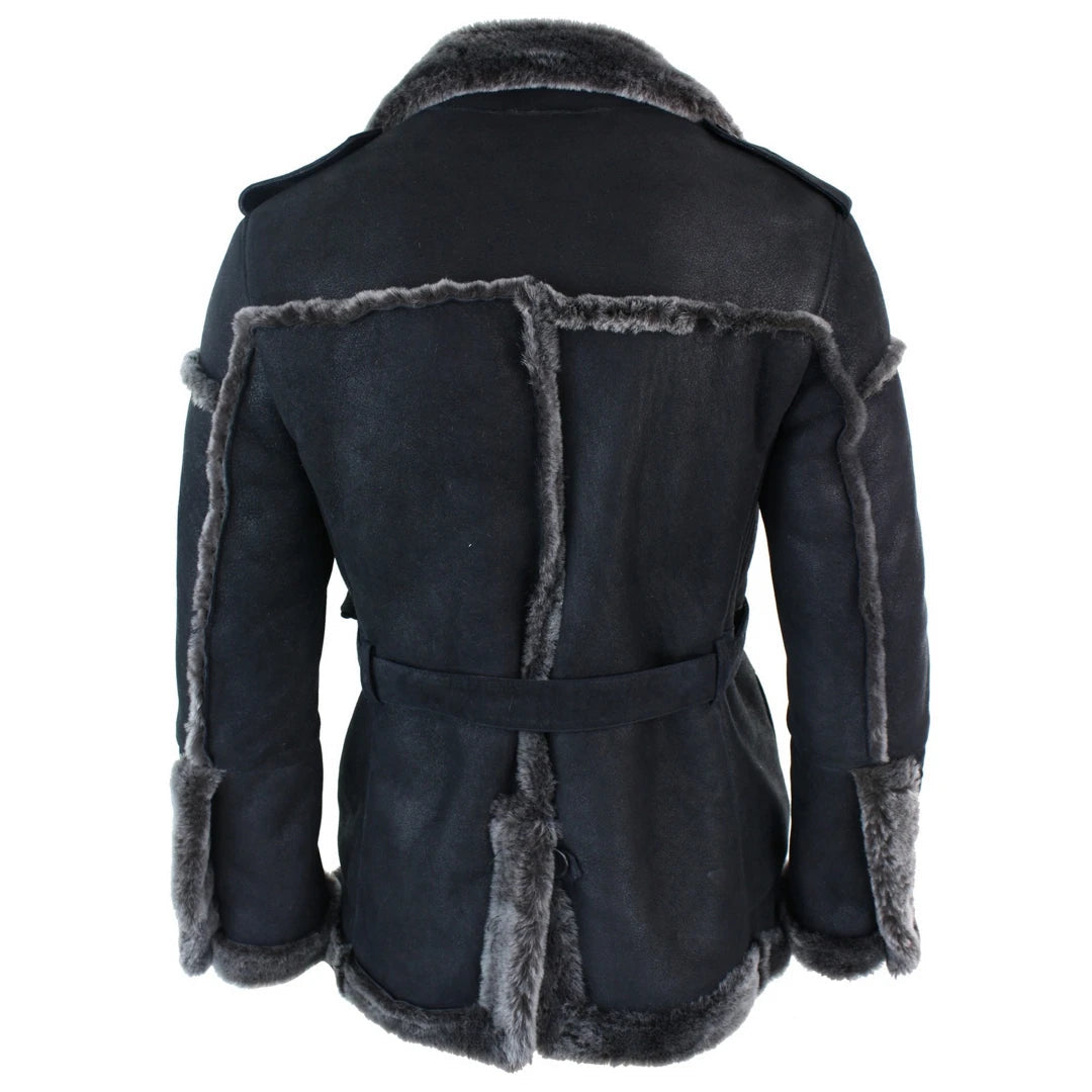 Infinity Ozzy Mens Double Breasted Real Sherling Navy Captain Sheepskin Jacket Belted Grey Black-TruClothing