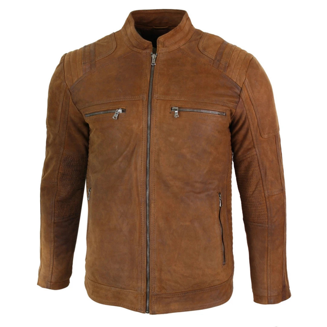 Infinity Whatsapp - Mens Real Suede Leather Retro Vintage Camel Zip Biker Racing Jacket Washed Nehru Collar-TruClothing