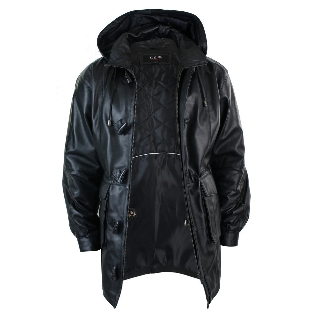 LLD Duffle Mens 3/4 Long Real Leather Duffle Jacket Coat Safari Detachable Hood Classic-TruClothing
