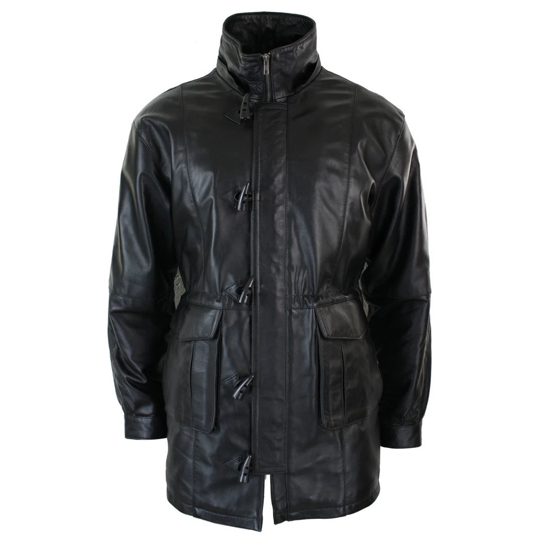 LLD Duffle Mens 3/4 Long Real Leather Duffle Jacket Coat Safari Detachable Hood Classic-TruClothing
