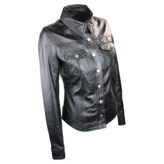 Ladies 100% Leather Jacket Shirt Style Black Short Fitted Retro-TruClothing