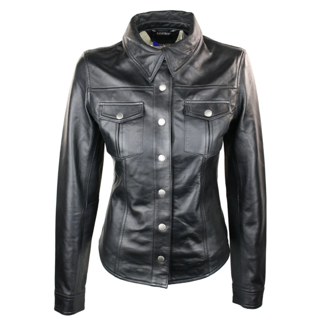 Ladies 100% Leather Jacket Shirt Style Black Short Fitted Retro-TruClothing