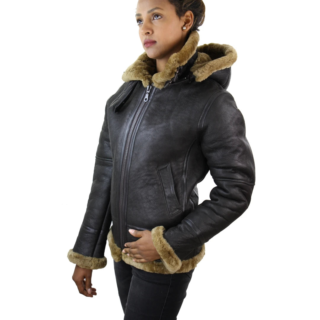 Ladies Aviator New Ginger Women's Hooded Real Shearling Sheepskin Leather Jacket-TruClothing