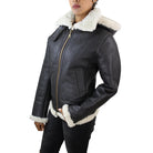 Ladies Aviator White Brown Hooded Real Shearling Sheepskin Leather Jacket-TruClothing