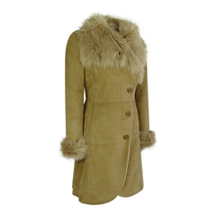 Ladies Beige Real Sheepskin Leather 3/4 Long Coat-TruClothing