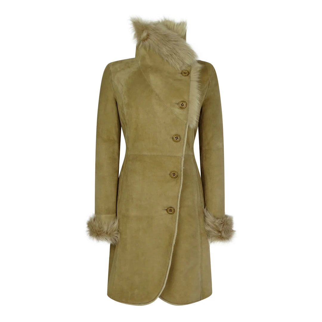 Ladies Beige Real Sheepskin Leather 3/4 Long Coat-TruClothing