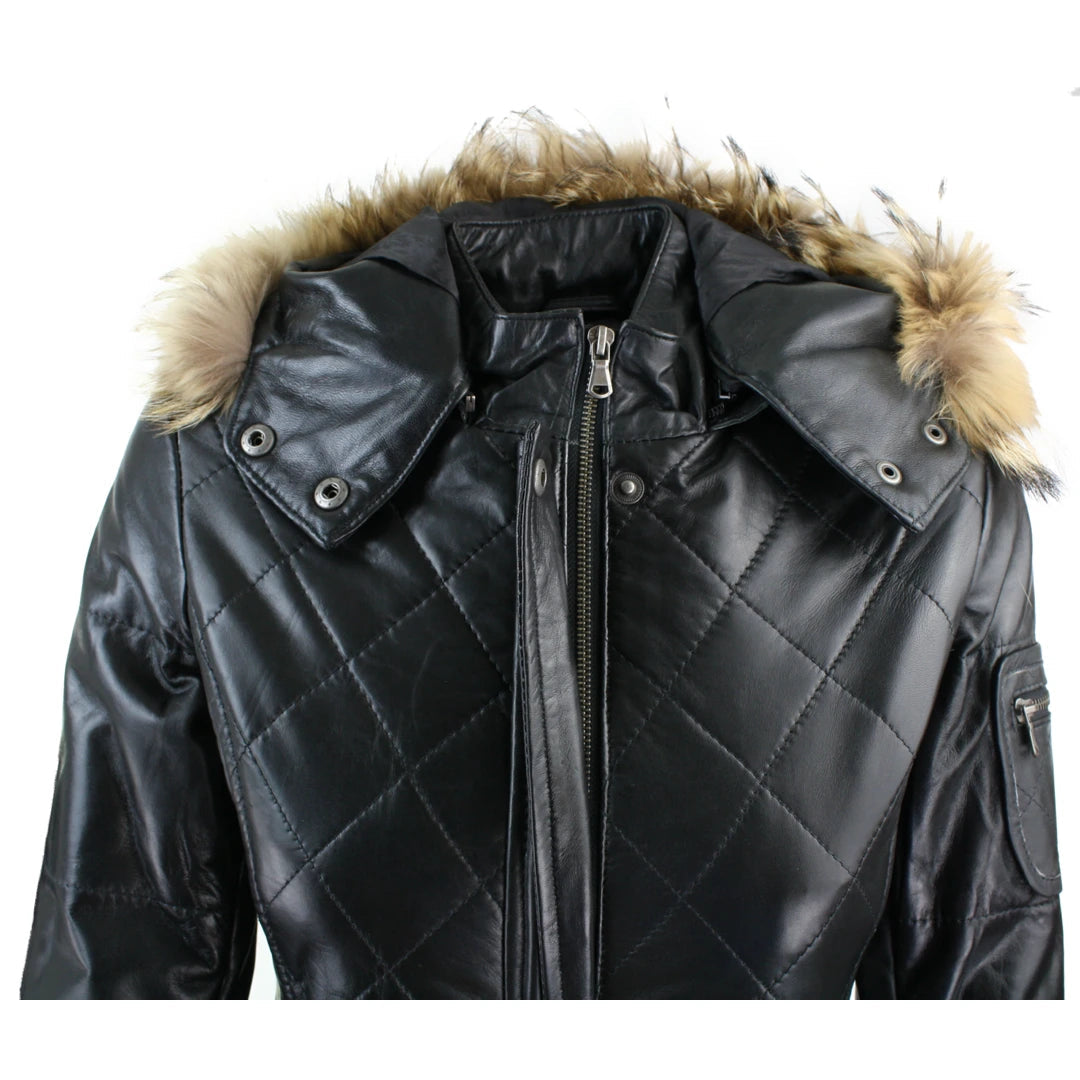 Ladies Black Real FUR HOODED Parka Real Leather Jacket Winter Coat-TruClothing