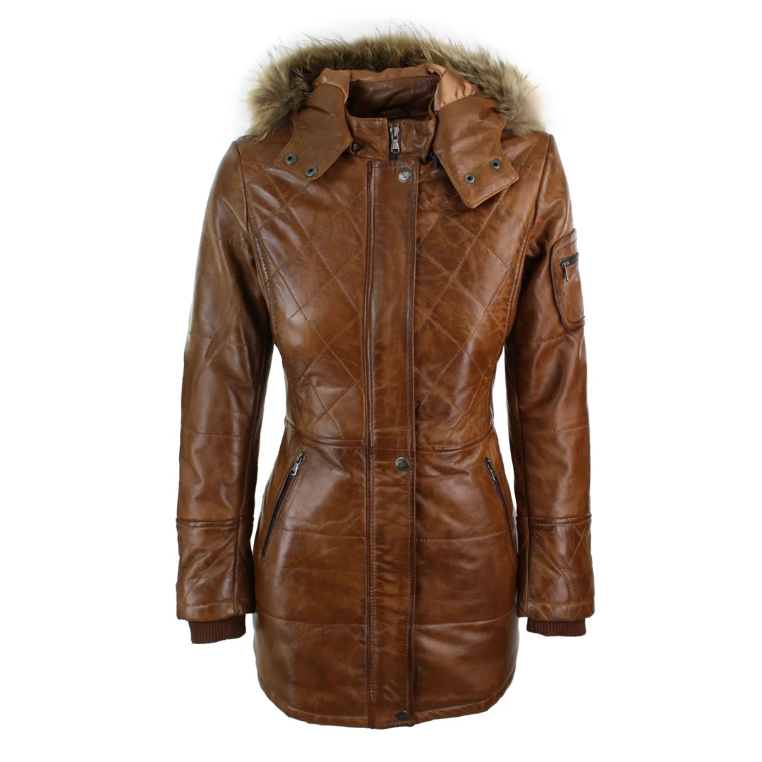 Ladies Black Real FUR HOODED Parka Real Leather Jacket Winter Coat-TruClothing