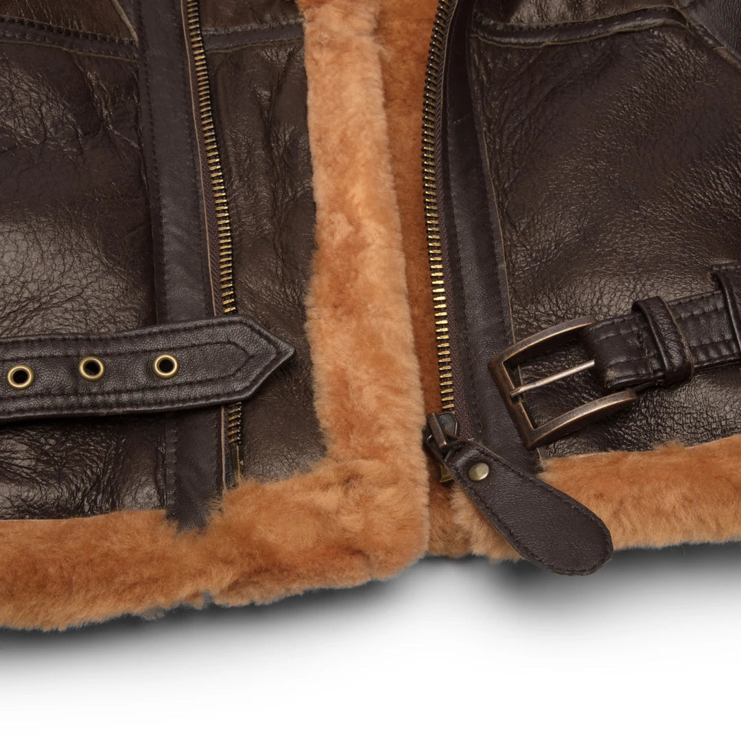 Ladies Brown Real Sheepskin Flying Jacket Camel Fur Belt Vintage Zipped Winter-TruClothing