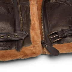 Ladies Brown Real Sheepskin Flying Jacket Camel Fur Belt Vintage Zipped Winter-TruClothing