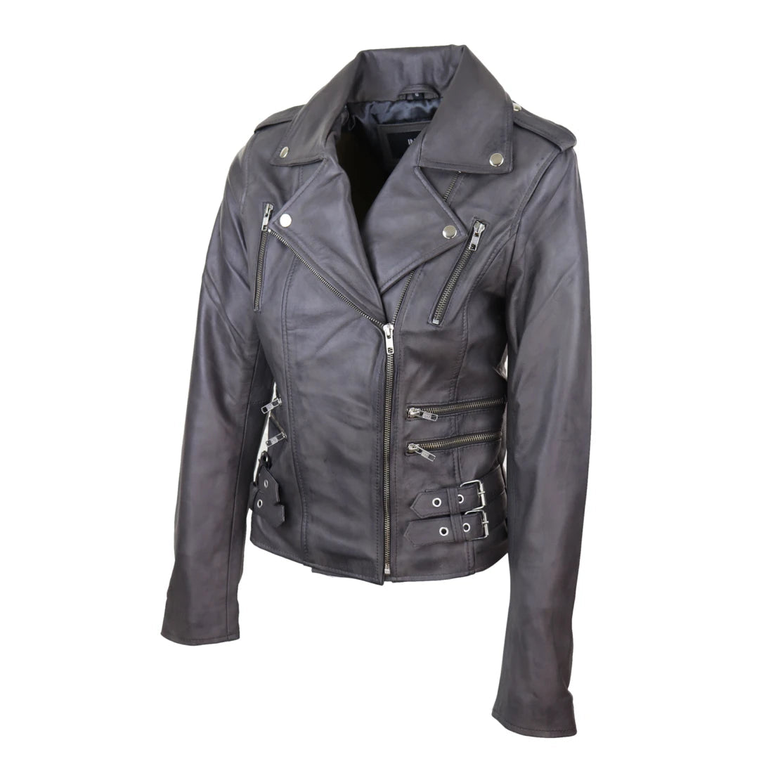 Ladies Grey Leather Biker Jacket-TruClothing