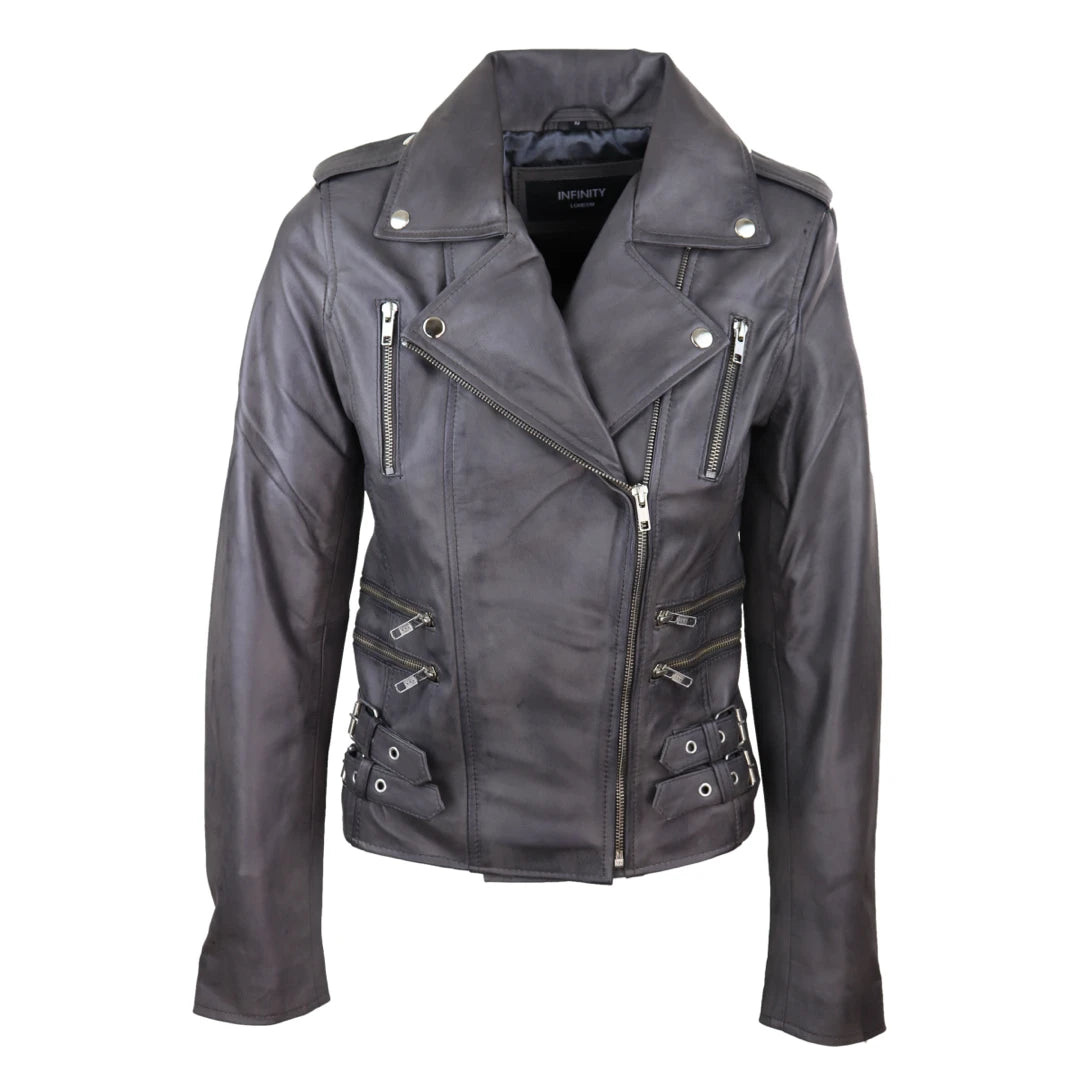Ladies Grey Leather Biker Jacket-TruClothing