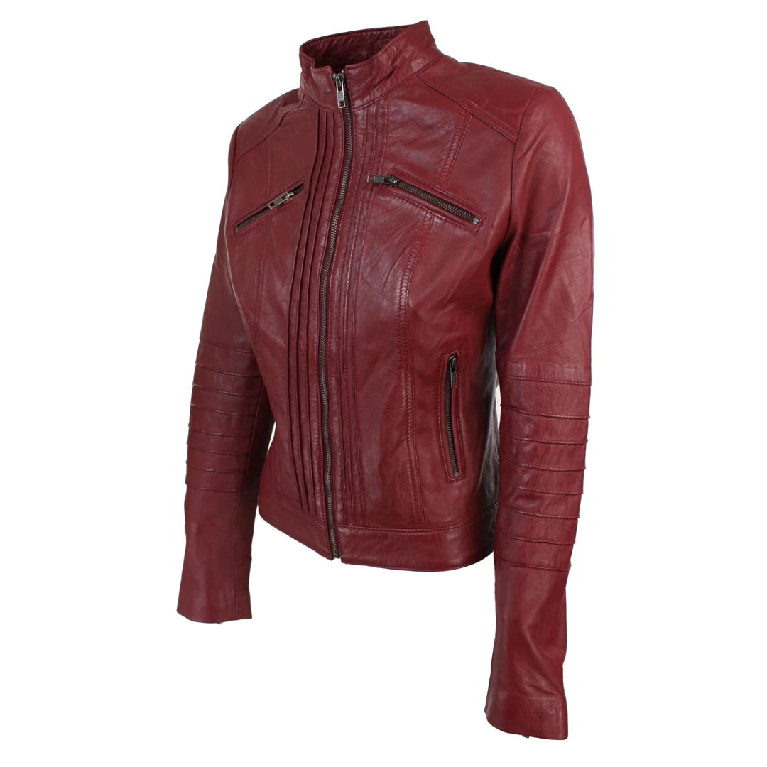 Ladies Grey Wine Brown Red Leather Jacket-TruClothing