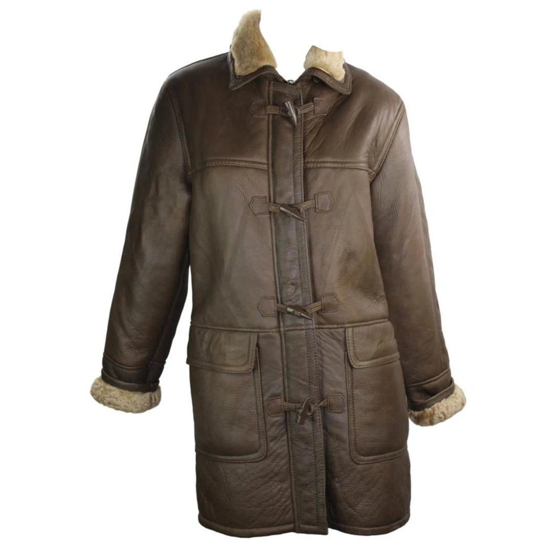Ladies Luxury 100% Vintage Winter Sheepskin Leather Duffle Jacket Brown Ginger-TruClothing