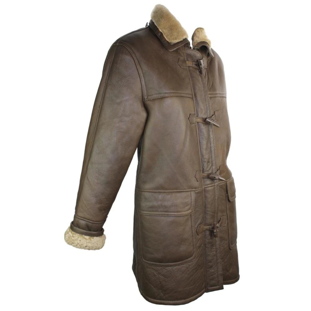 Ladies Luxury 100% Vintage Winter Sheepskin Leather Duffle Jacket Brown Ginger-TruClothing