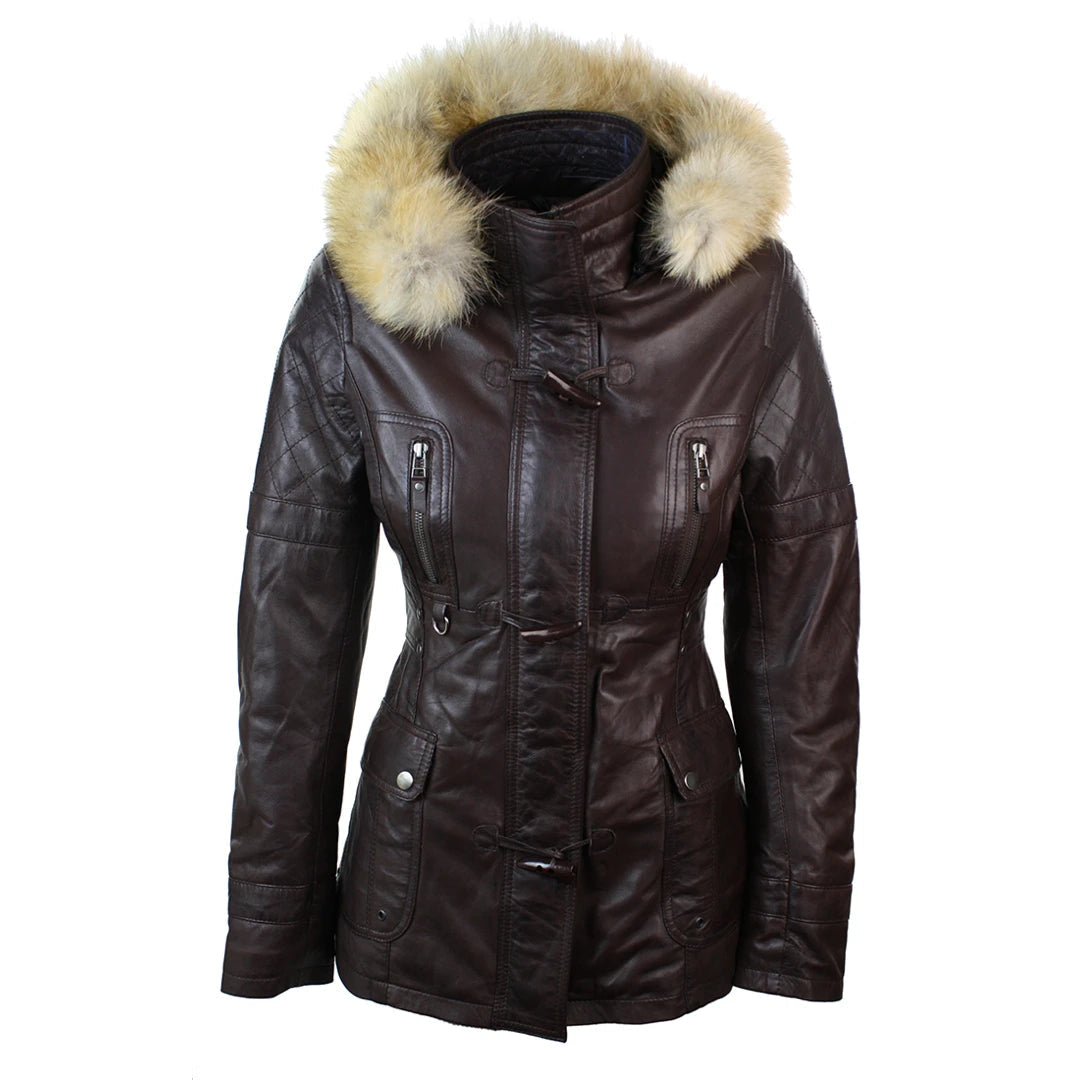 Ladies Real Leather Black Trench Mid Length Hooded Raccoon Fur Winter Retro Duffle Jacket-TruClothing