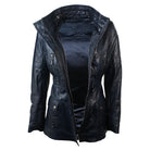 Ladies Real Leather Black Trench Mid Length Hooded Raccoon Fur Winter Retro Duffle Jacket-TruClothing