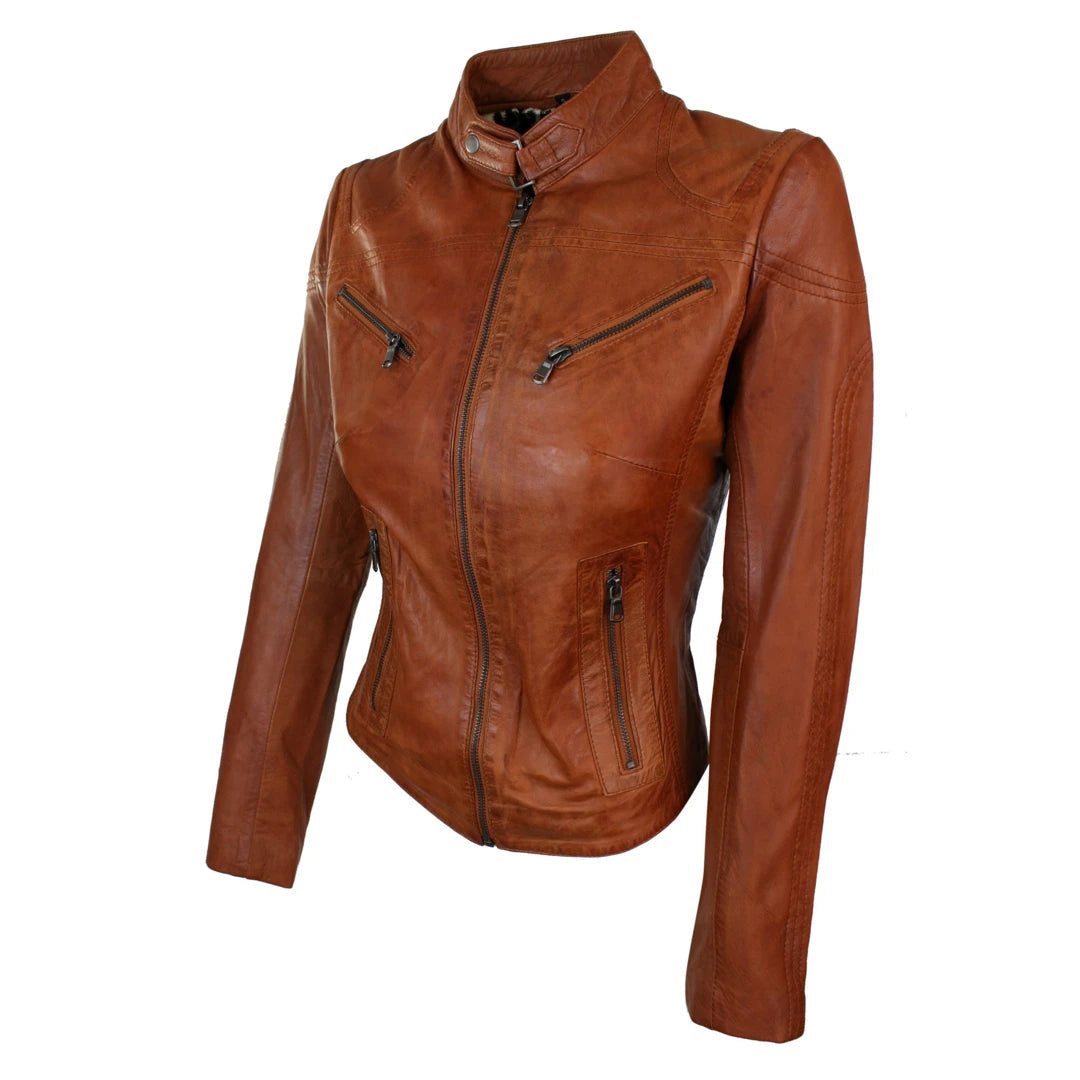 Ladies Real Leather Tan Brown Biker Style Fashion Jacket-TruClothing