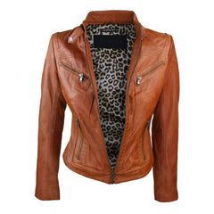Ladies Real Leather Tan Brown Biker Style Fashion Jacket-TruClothing