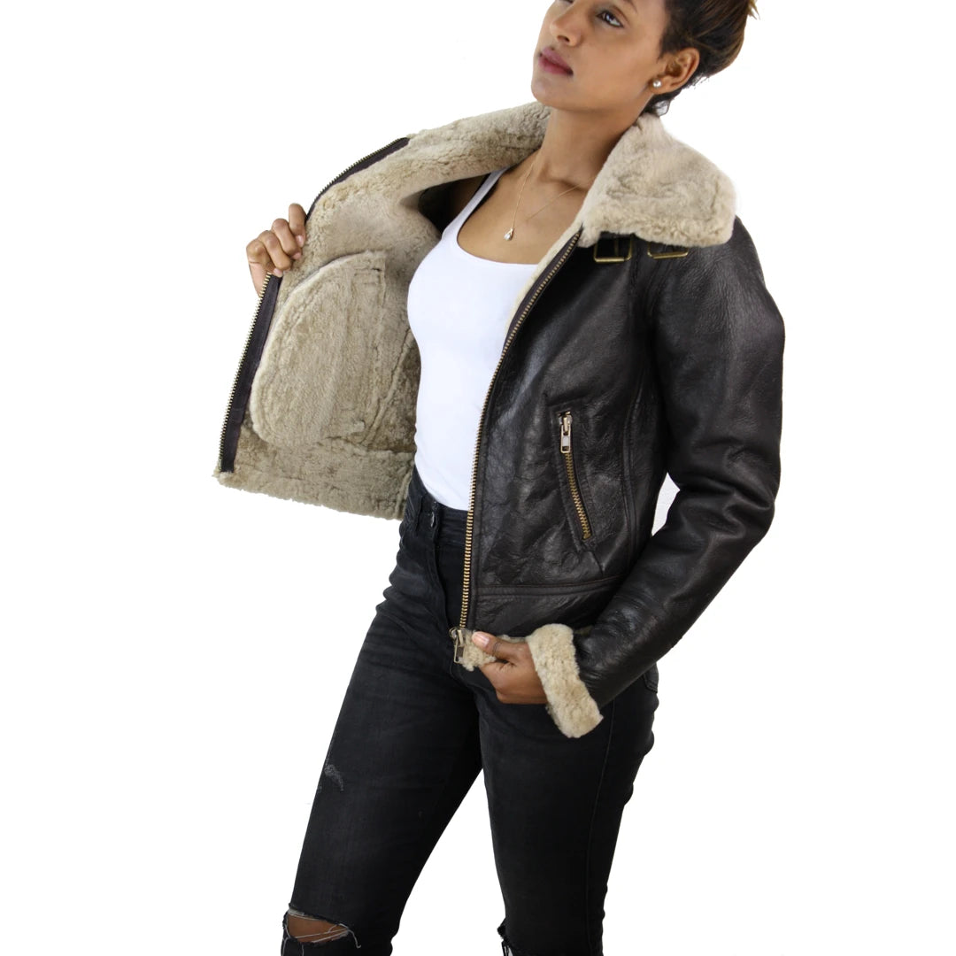 Ladies Real SHEEPSKIN Leather Coat Brown Beige FUR Womens Flying Jacket-TruClothing