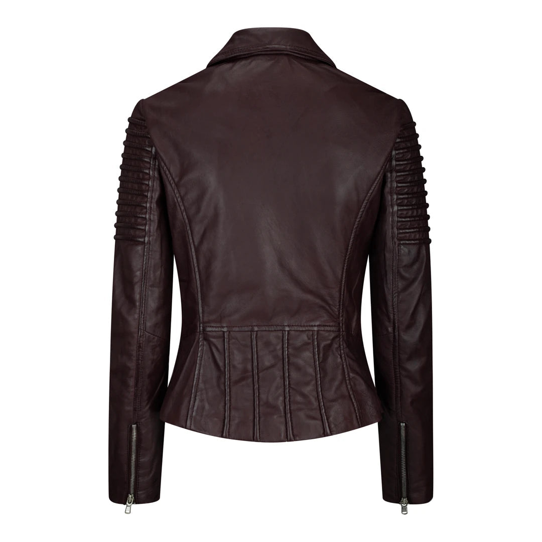 Ladies Slim Fit Leather Jacket - Burgundy-TruClothing