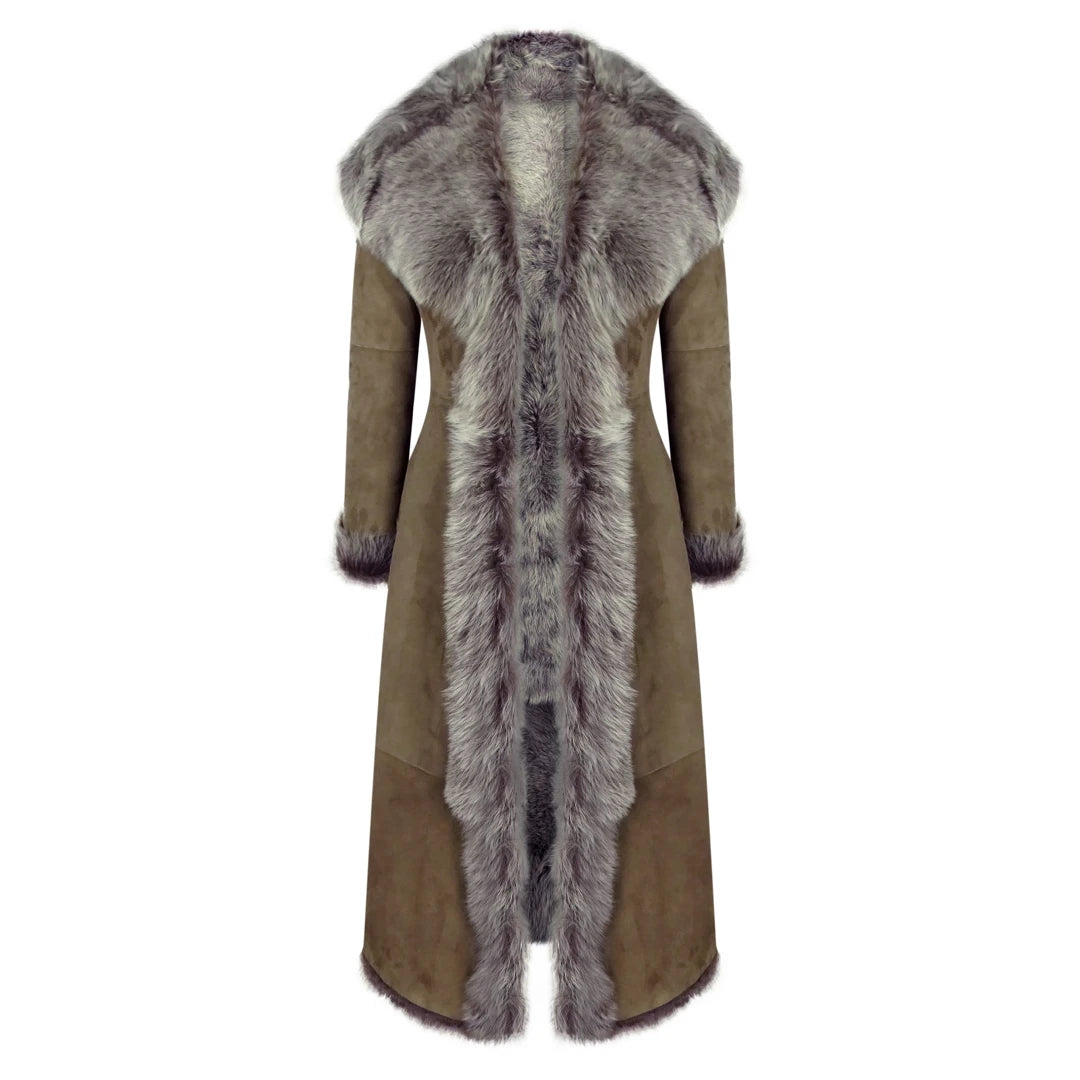 Ladies Suede Toscana Full Length Hooded Taupe Sheepskin Leather Trench Coat-TruClothing