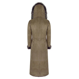 Women's Suede Toscana Full Length Hooded Taupe Sheepskin Trench Coat-TruClothing