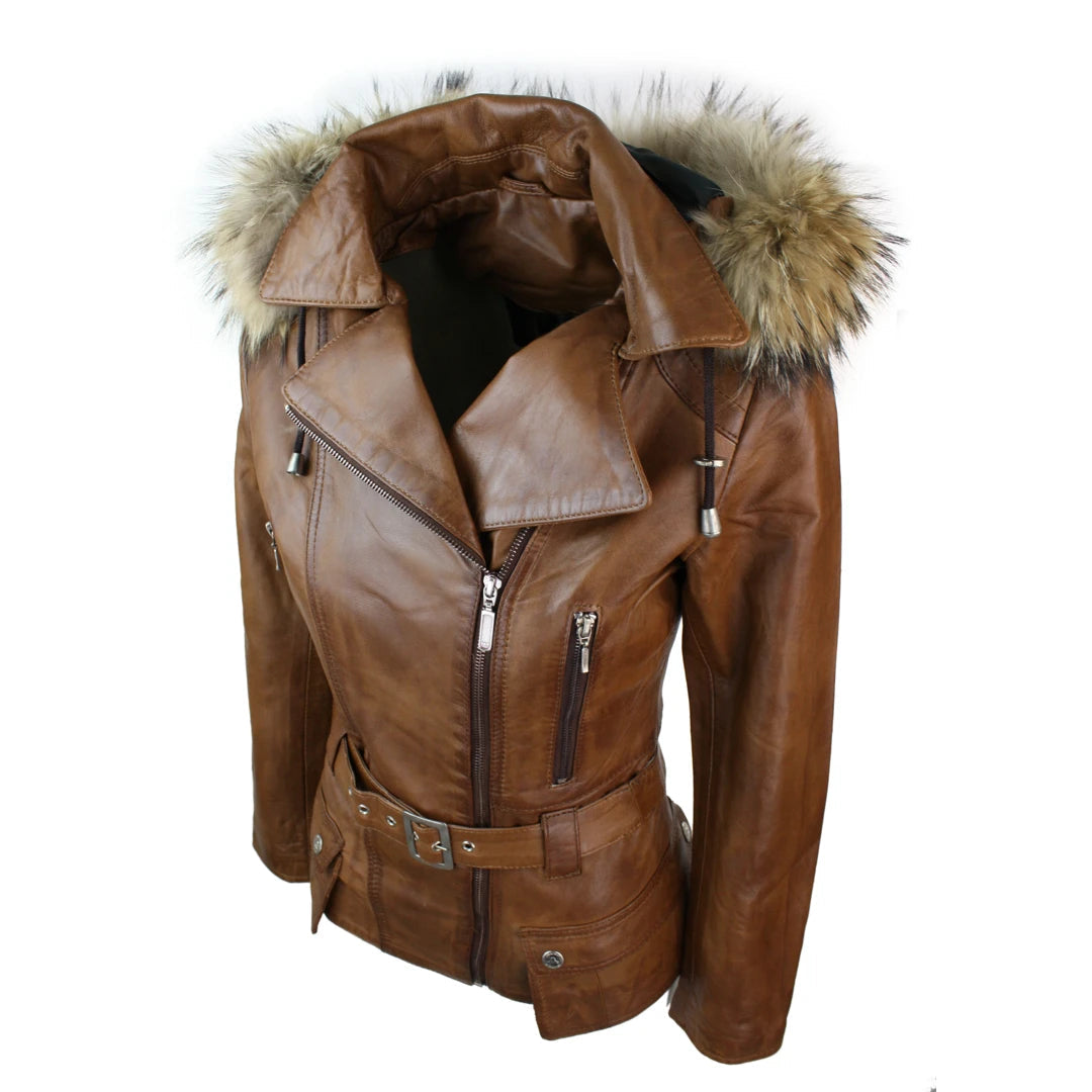 Ladies Tan Brown Real FUR HOODED Parka Real Leather Jacket Winter Coat-TruClothing