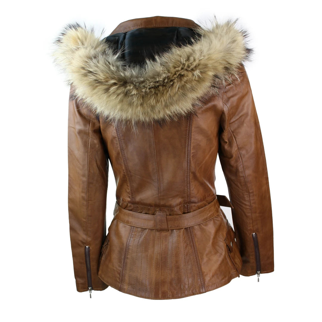 Ladies Tan Brown Real FUR HOODED Parka Real Leather Jacket Winter Coat-TruClothing