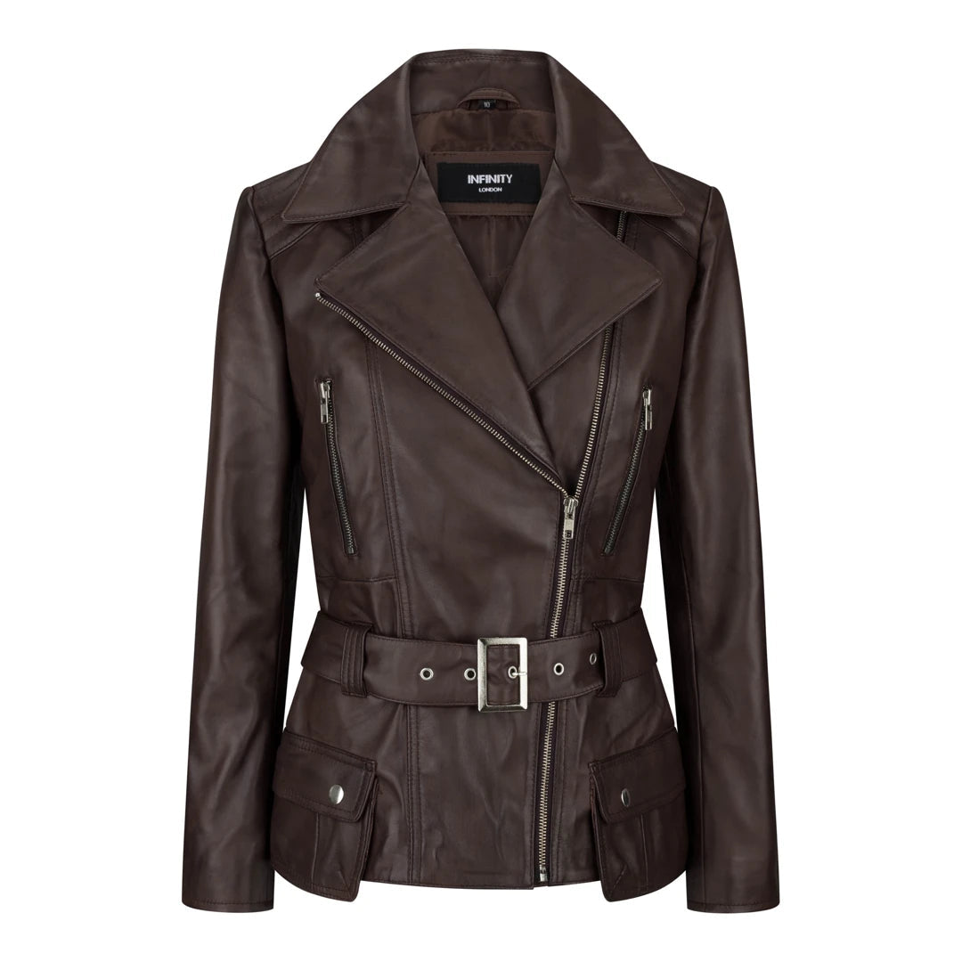 Infinity Women s Brown Belted Fitted Jacket TruClothing