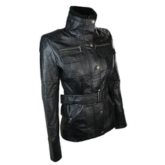 Ladies Women 100% Black Leather Jacket Coat Military Chinese Collar Vintage Slim-TruClothing