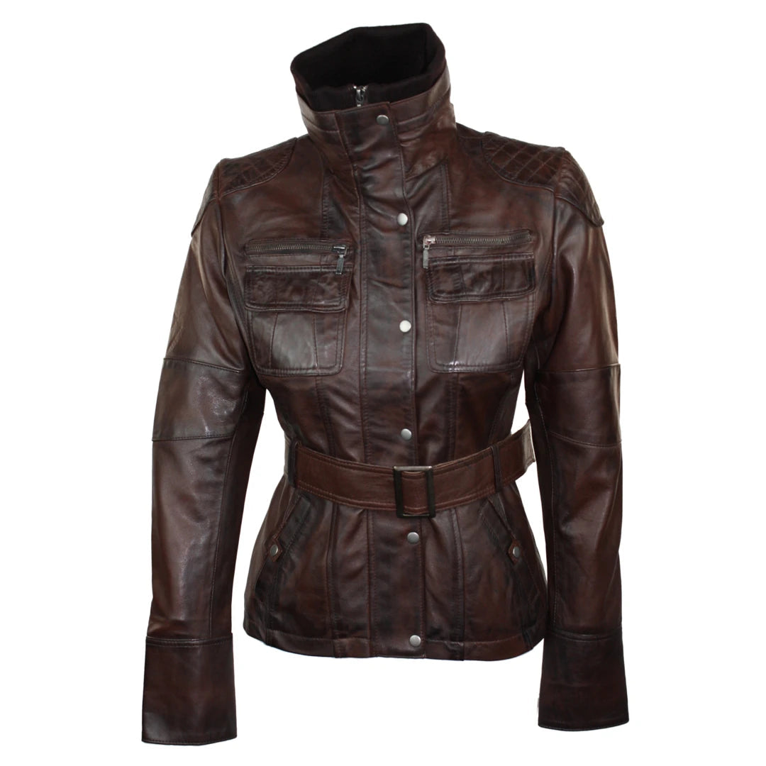 Ladies Women 100% Black Leather Jacket Coat Military Chinese Collar Vintage Slim-TruClothing