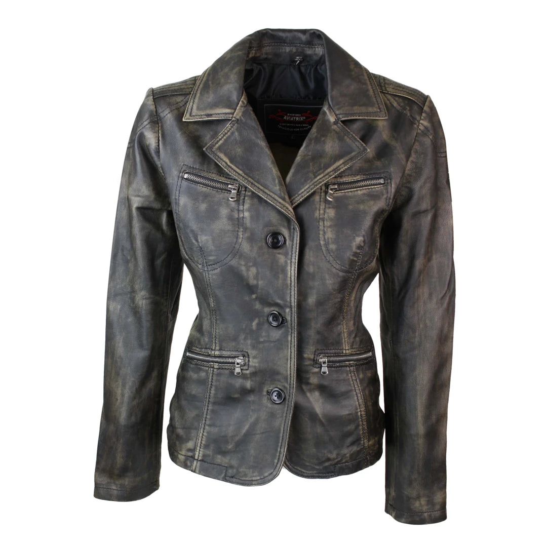 Ladies Women Genuine Real Leather Blazer Slim Fit Black Gold Vintage Jacket-TruClothing