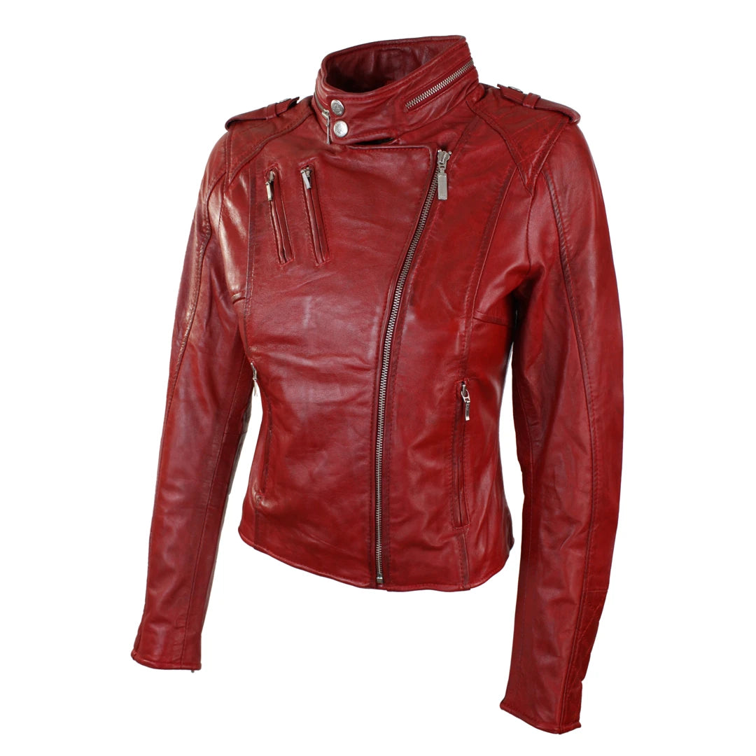 Ladies Women Genuine Real Leather Slim Fit Red Biker Jacket Velvet Lining-TruClothing