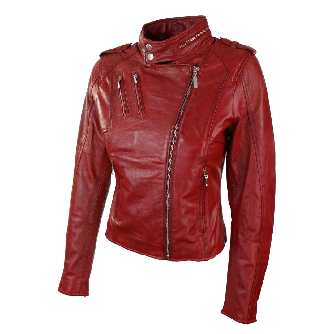 Women s Genuine Leather Red Biker Jacket Velvet Lining TruClothing